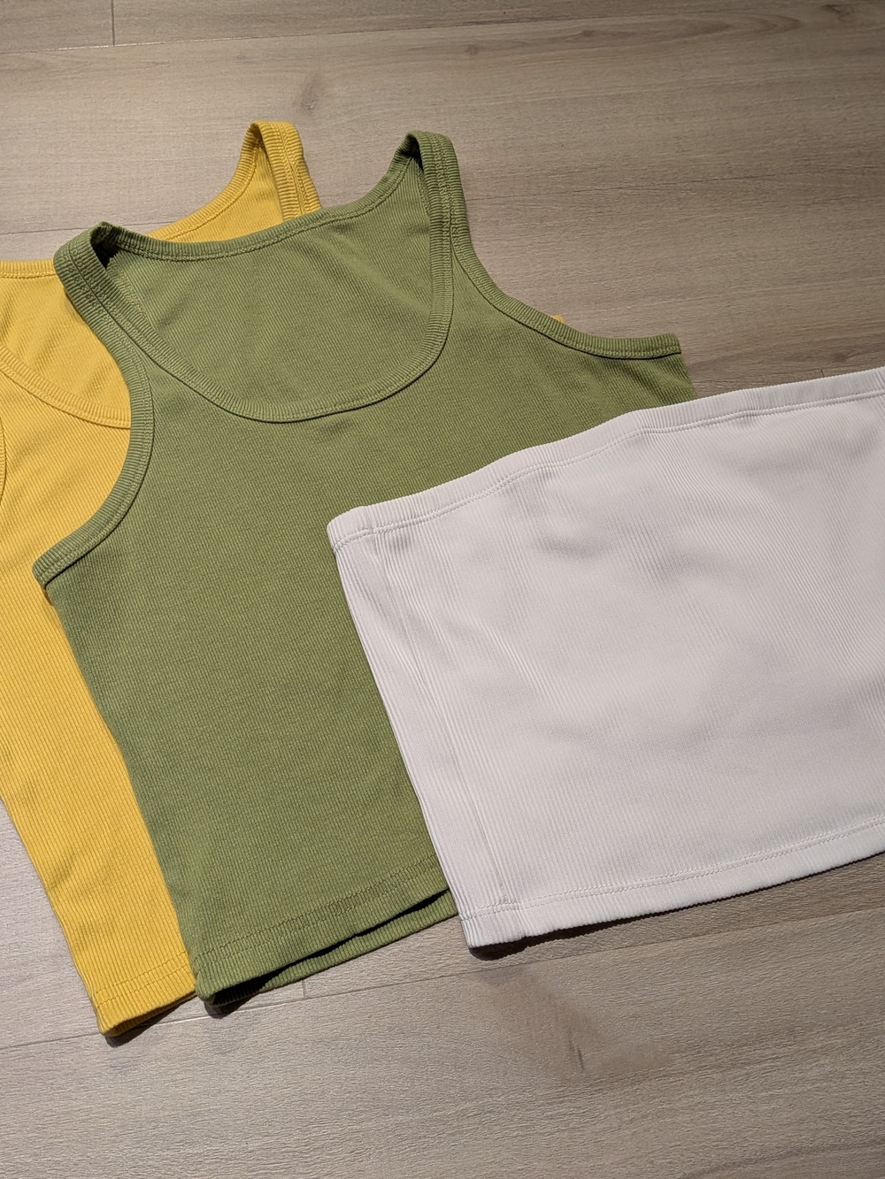 Bundle Of Ribbed Sleeveless Tops - Green, Yellow & White